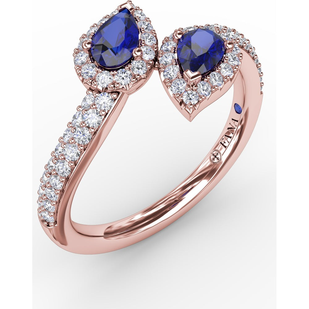 Toi et Moi Bypass Ring with Pear Sapphires and Pavé Diamond Halos by Fana - 0.99 Carat Total Sapphire Weight