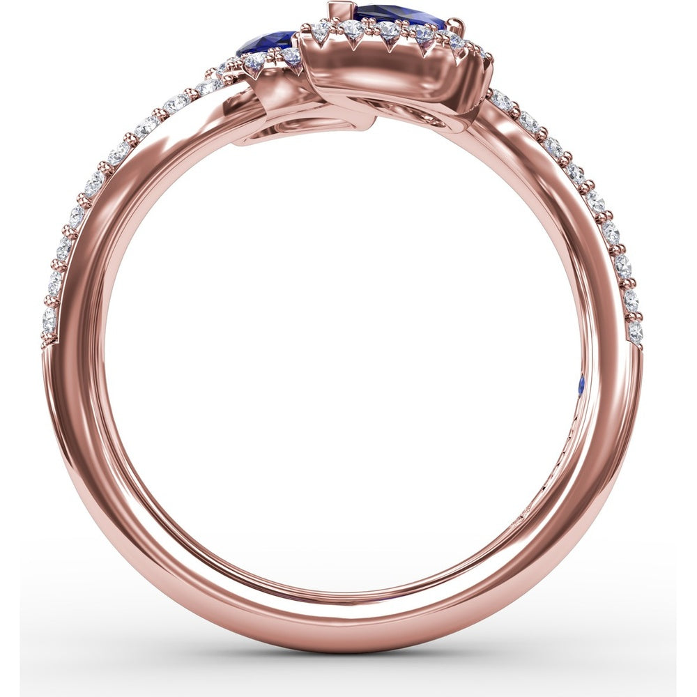Toi et Moi Bypass Ring with Pear Sapphires and Pavé Diamond Halos by Fana - 0.99 Carat Total Sapphire Weight