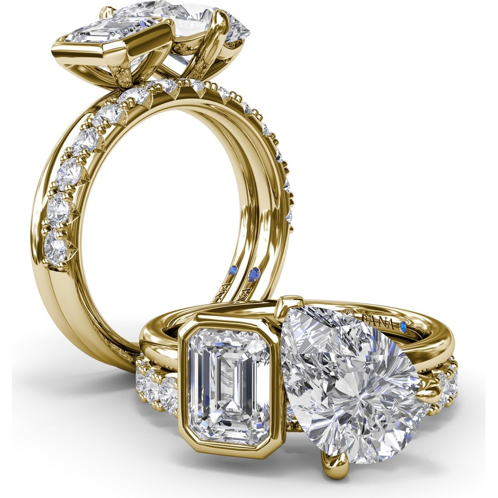 Toi et Moi Engagement Ring Setting with Emerald Bezel and Pear Prong Diamond Mounting - Center Stones Sold Separately by Fana