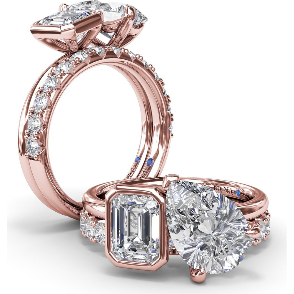 Toi et Moi Engagement Ring Setting with Emerald Bezel and Pear Prong Diamond Mounting - Center Stones Sold Separately by Fana