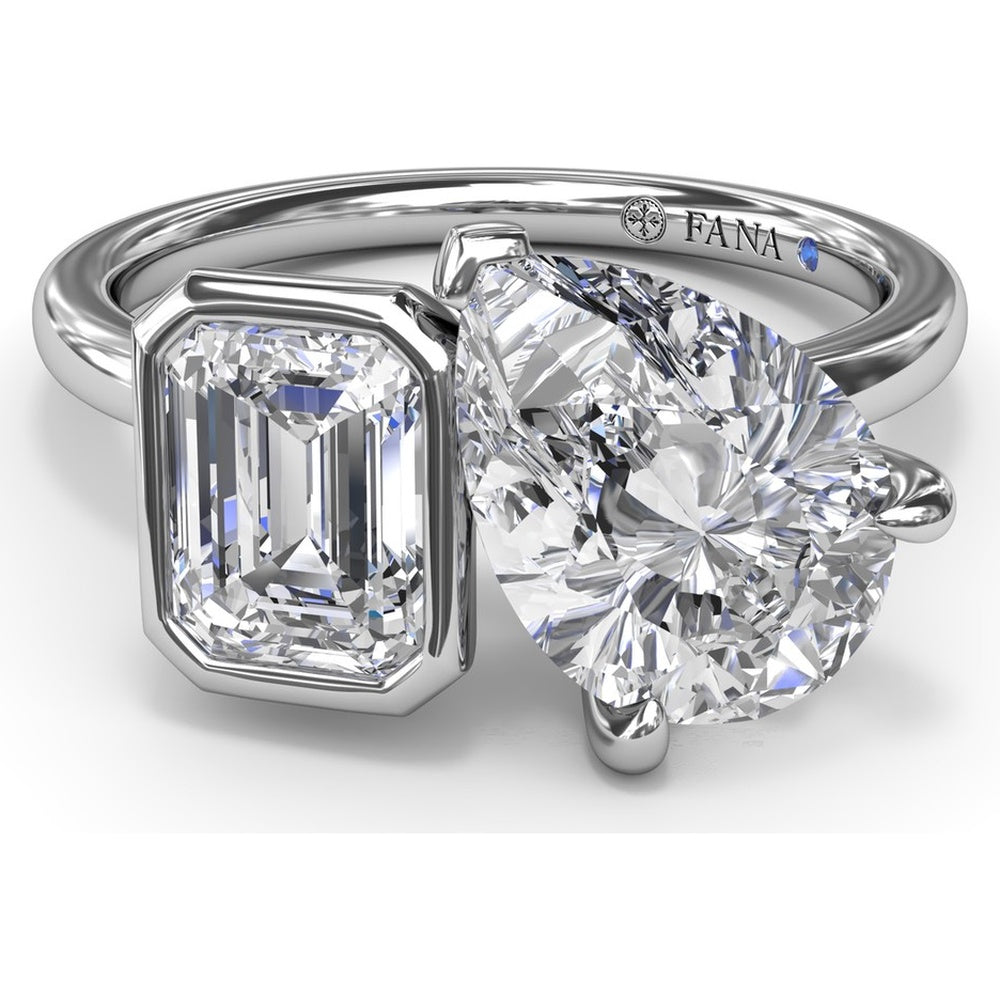Toi et Moi Engagement Ring Setting with Emerald Bezel and Pear Prong Diamond Mounting - Center Stones Sold Separately by Fana