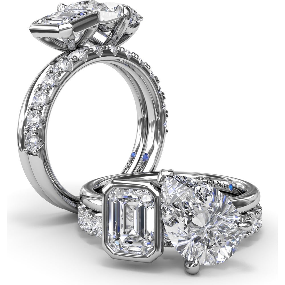 Toi et Moi Engagement Ring Setting with Emerald Bezel and Pear Prong Diamond Mounting - Center Stones Sold Separately by Fana