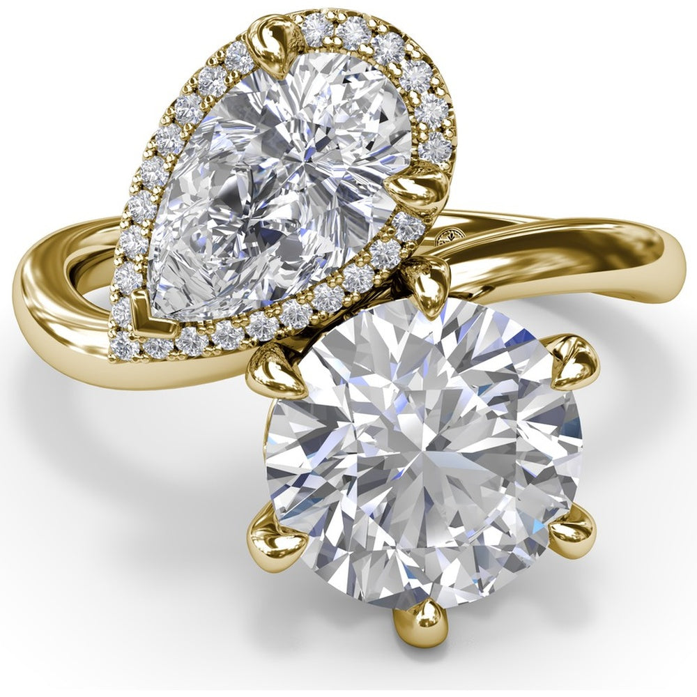 Toi et Moi Engagement Ring Setting with Pear Halo and Round Diamond Mounting - Center Stones Sold Separately, 0.13 Carat Total Diamond Weight by Fana