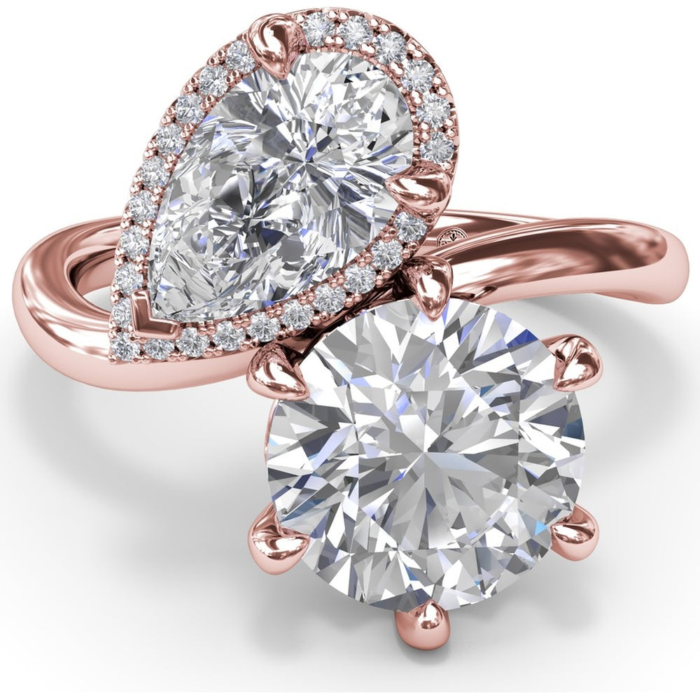Toi et Moi Engagement Ring Setting with Pear Halo and Round Diamond Mounting - Center Stones Sold Separately, 0.13 Carat Total Diamond Weight by Fana