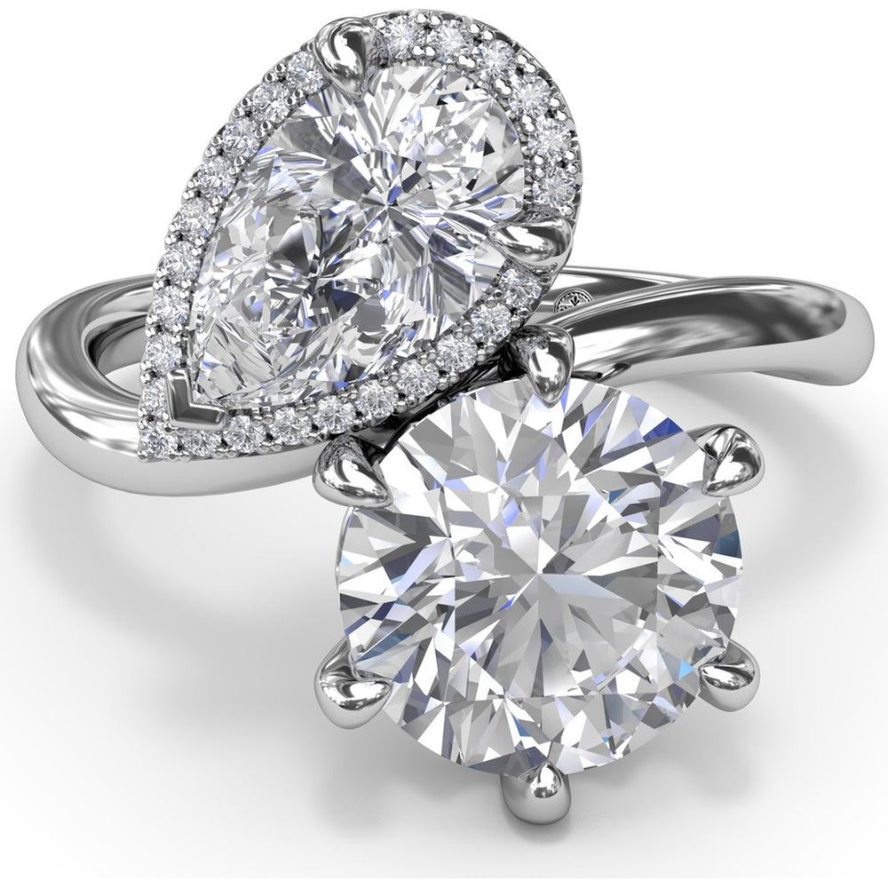 Toi et Moi Engagement Ring Setting with Pear Halo and Round Diamond Mounting - Center Stones Sold Separately, 0.13 Carat Total Diamond Weight by Fana
