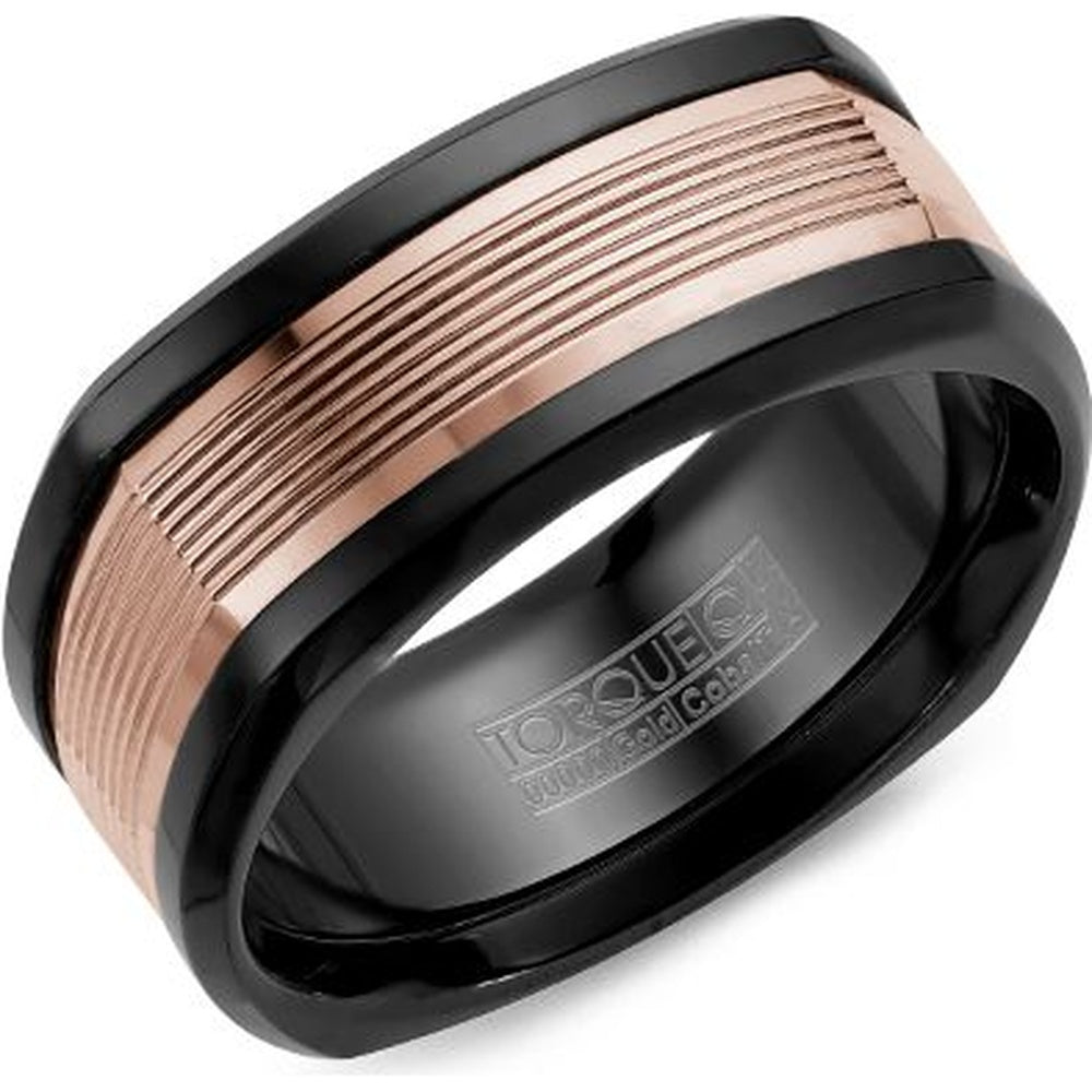 Torque Men's Wedding Band - 14K Rose Gold and Black Cobalt with Grooved Center Inlay - 9mm Width from the Black Cobalt & Gold Collection