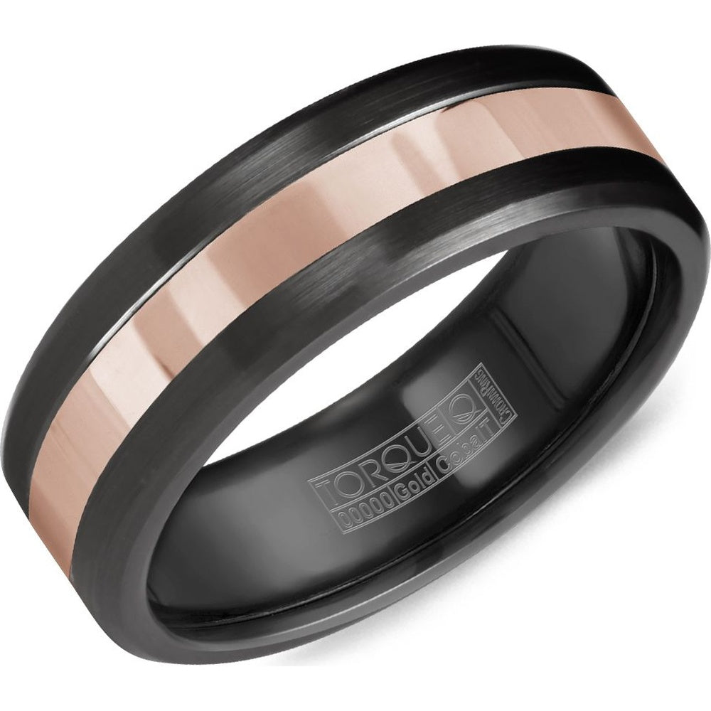 Torque Men's Wedding Band - 14K Rose Gold and Black Cobalt with High-Polish Inlay and Sandpaper Finish - 7.5mm Width from the Black Cobalt & Gold Collection