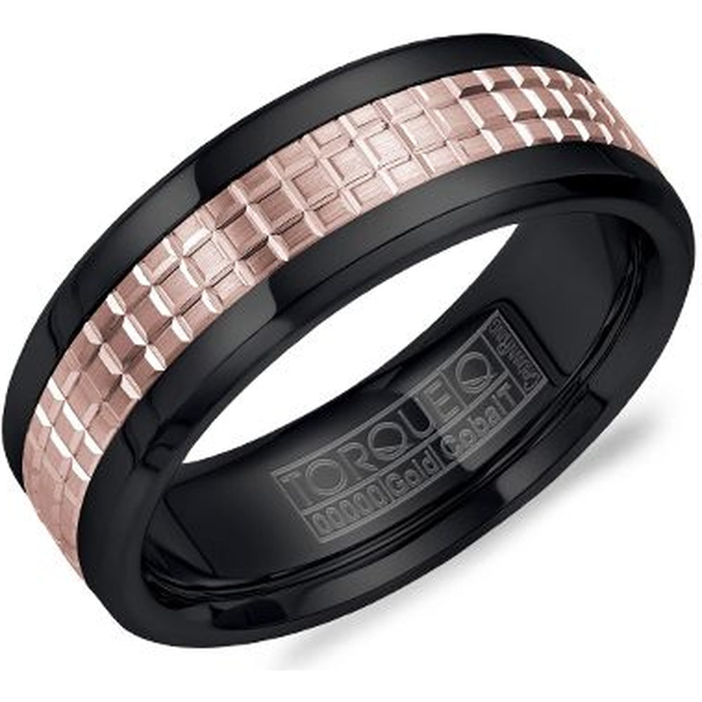 Torque Men's Wedding Band - 14K Rose Gold and Black Cobalt with Sandpaper Center and High Polish Bevels - 7.5mm Width from the Black Cobalt & Gold Collection