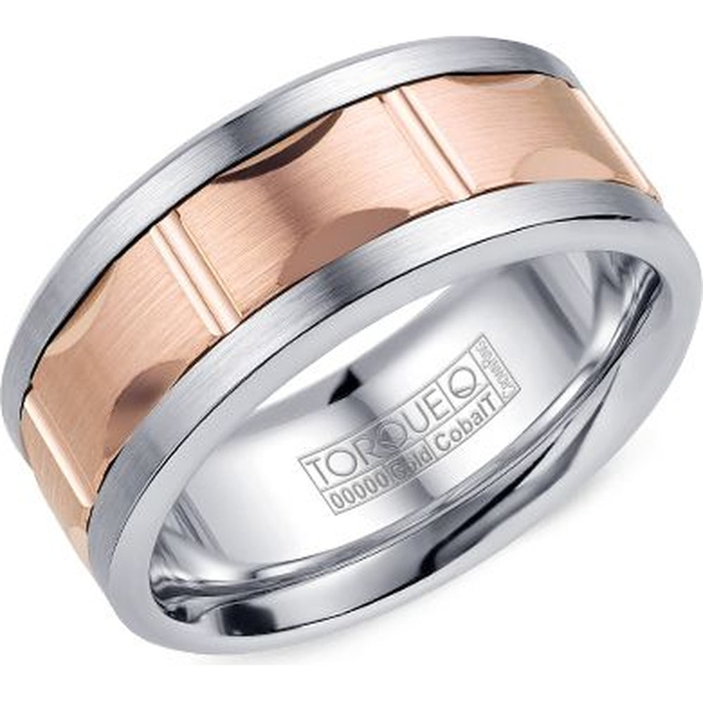 Torque Men's Wedding Band - 14K Rose Gold and White Cobalt Two-Tone with Sandpaper Finish and High Polish Bevel - 9mm Width from the Cobalt Collection