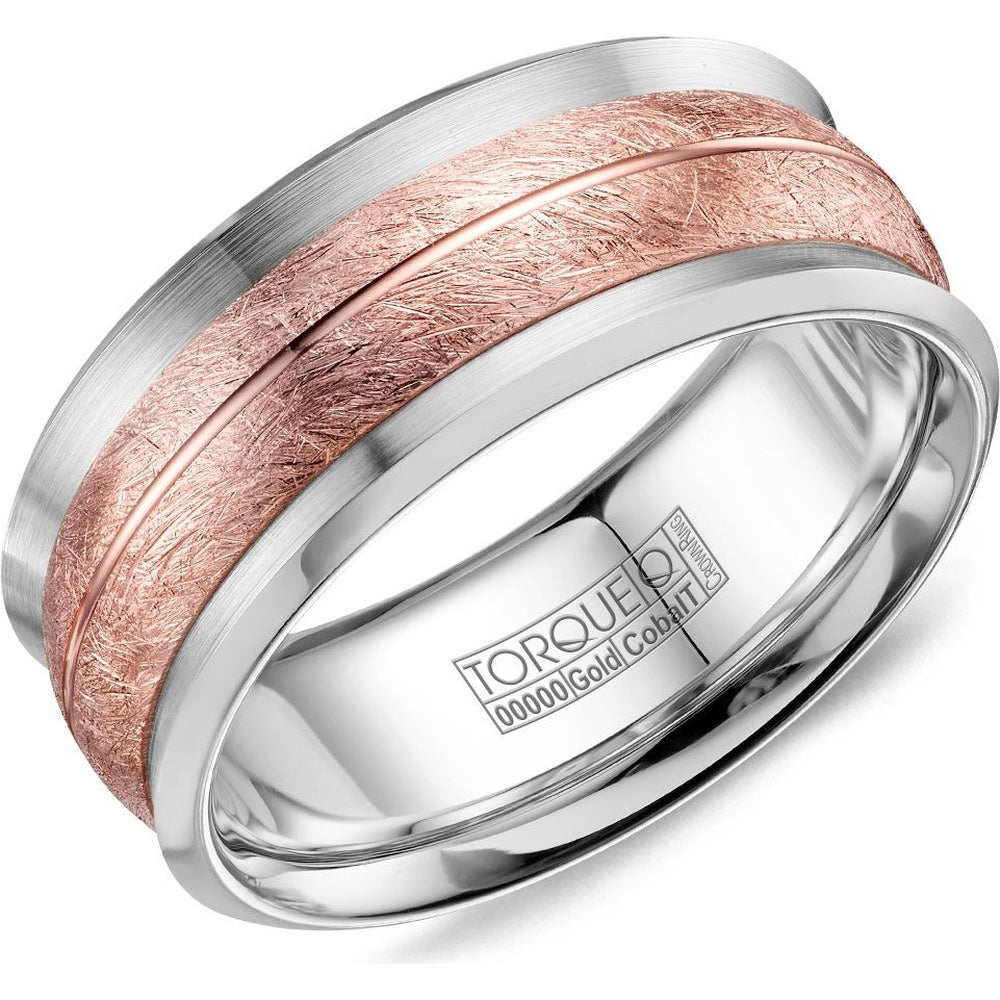 Torque Men's Wedding Band - 14K Rose Gold and White Cobalt with Diamond Brush Finish and High Polish Groove - 9mm Width from the Cobalt Collection