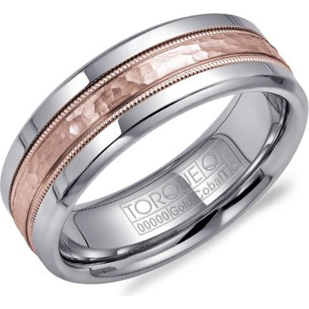Torque Men's Wedding Band - 14K Rose Gold and White Cobalt with Frosted Hammered Center and Milgrain Edges - 6mm Width from the Cobalt Collection