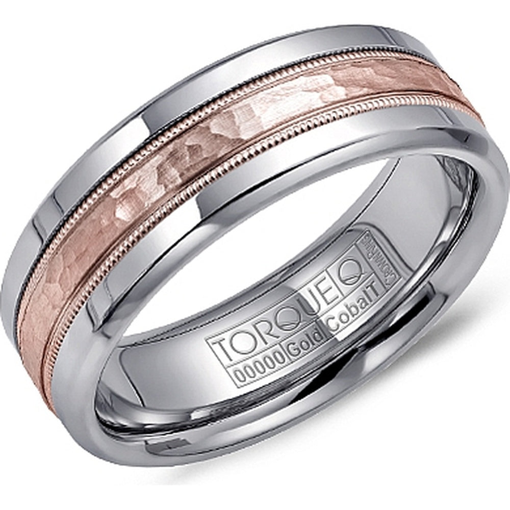 Torque Men's Wedding Band - 14K Rose Gold and White Cobalt with Hammered Center and Milgrain Detail - 7.5mm Width from the Cobalt Collection