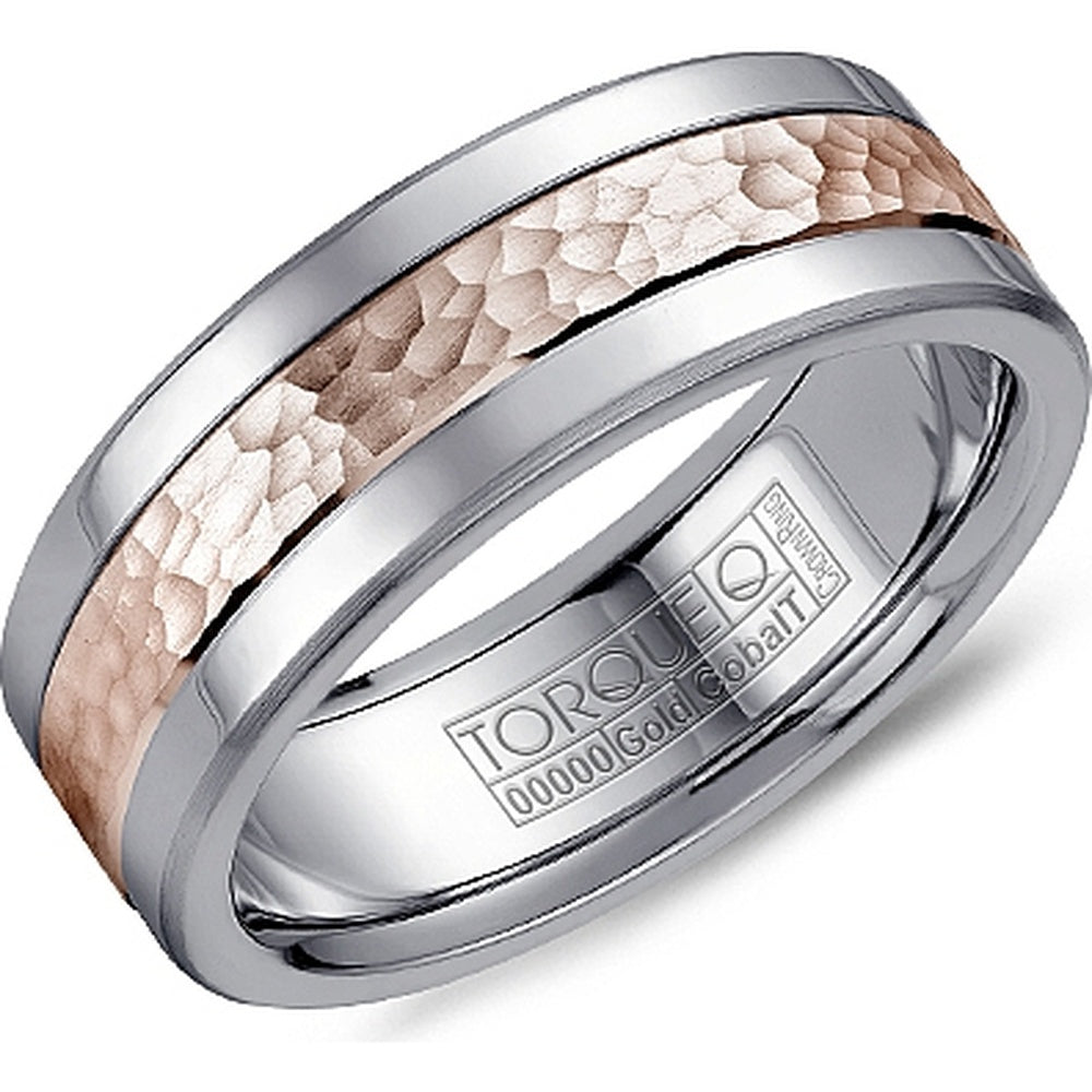 Torque Men's Wedding Band - 14K Rose Gold and White Cobalt with Hammered Inlay and Beveled Edges - 7.5mm Width from the Cobalt Collection