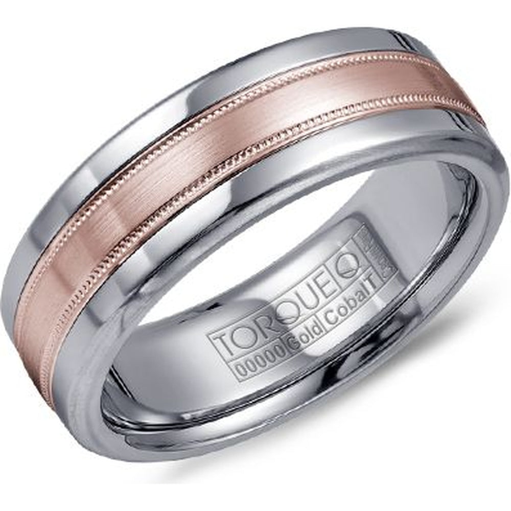 Torque Men's Wedding Band - 14K Rose Gold and White Cobalt with Milgrain and Sandpaper Finish - 7.5mm Width from the Cobalt Collection