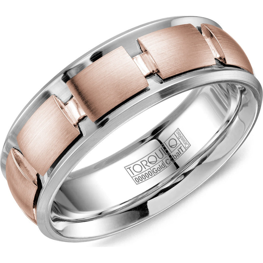 Torque Men's Wedding Band - 14K Rose Gold and White Cobalt with Rolling Inlay and Brushed Square Pattern - 7.5mm Width from the Cobalt Collection