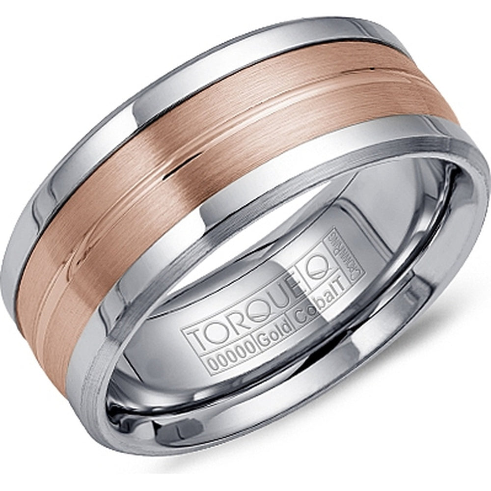 Torque Men's Wedding Band - 14K Rose Gold and White Cobalt with Sandpaper Center and High Polish Beveled Edges - 9mm Width from the Cobalt Collection