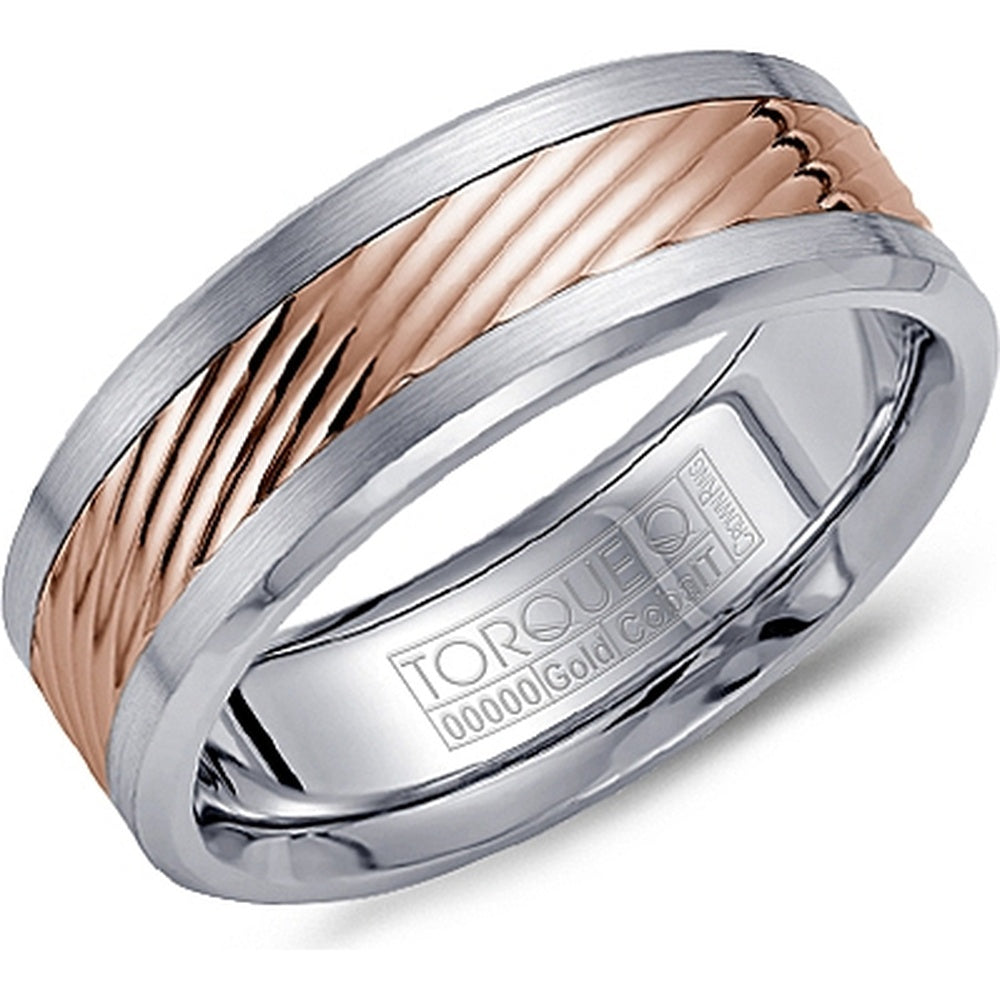 Torque Men's Wedding Band - 14K Rose Gold and White Cobalt with Twisted Rope Inlay and Brushed Edges- Size 10 - 7.5mm Width from the Cobalt Collection