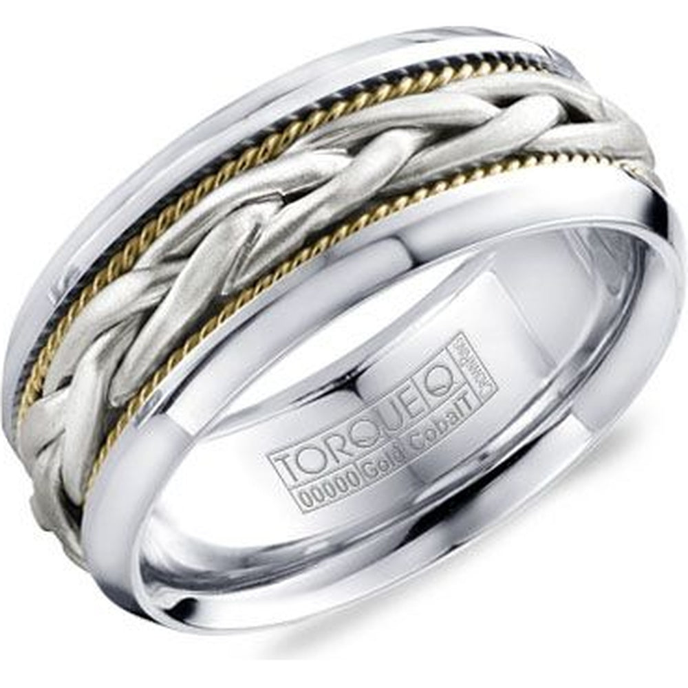 Torque Men's Wedding Band - 14K White and Yellow Gold Braided with White Cobalt Edges - 9mm Width from the Cobalt Collection
