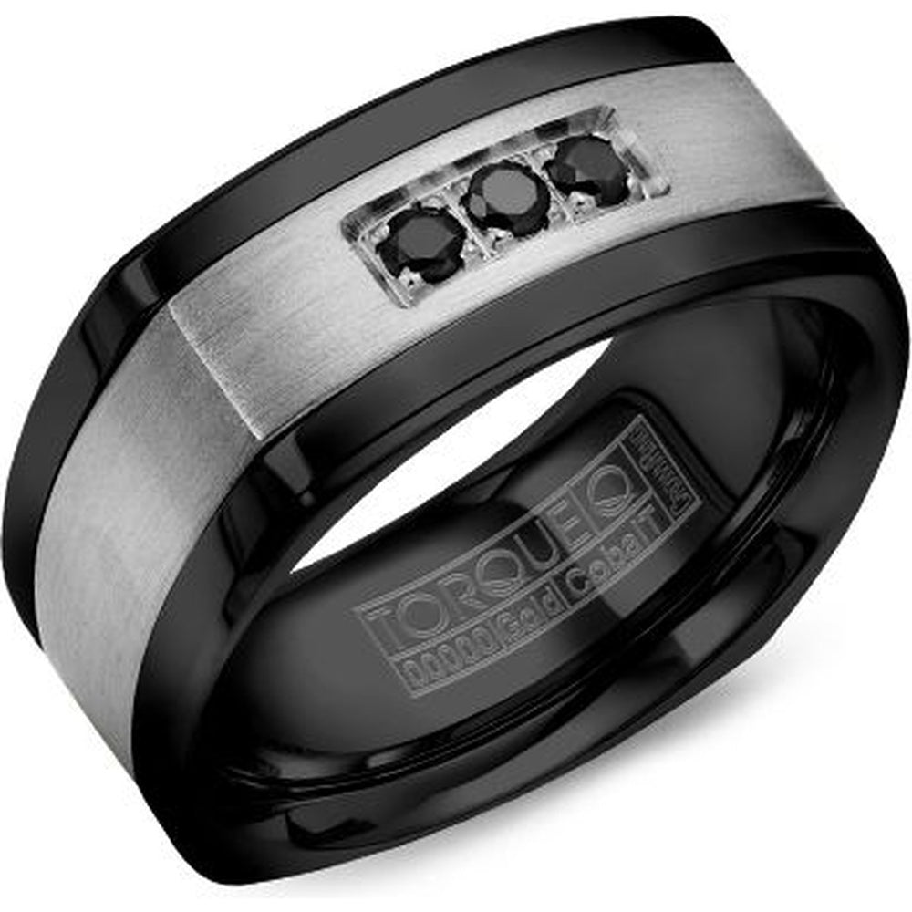 Torque Men's Wedding Band - 14K White Gold and Black Cobalt with 0.5 Carat Round Center and 0.16 Carat Total Black Round Diamonds - 9mm Width from the Black Cobalt & Gold Collection