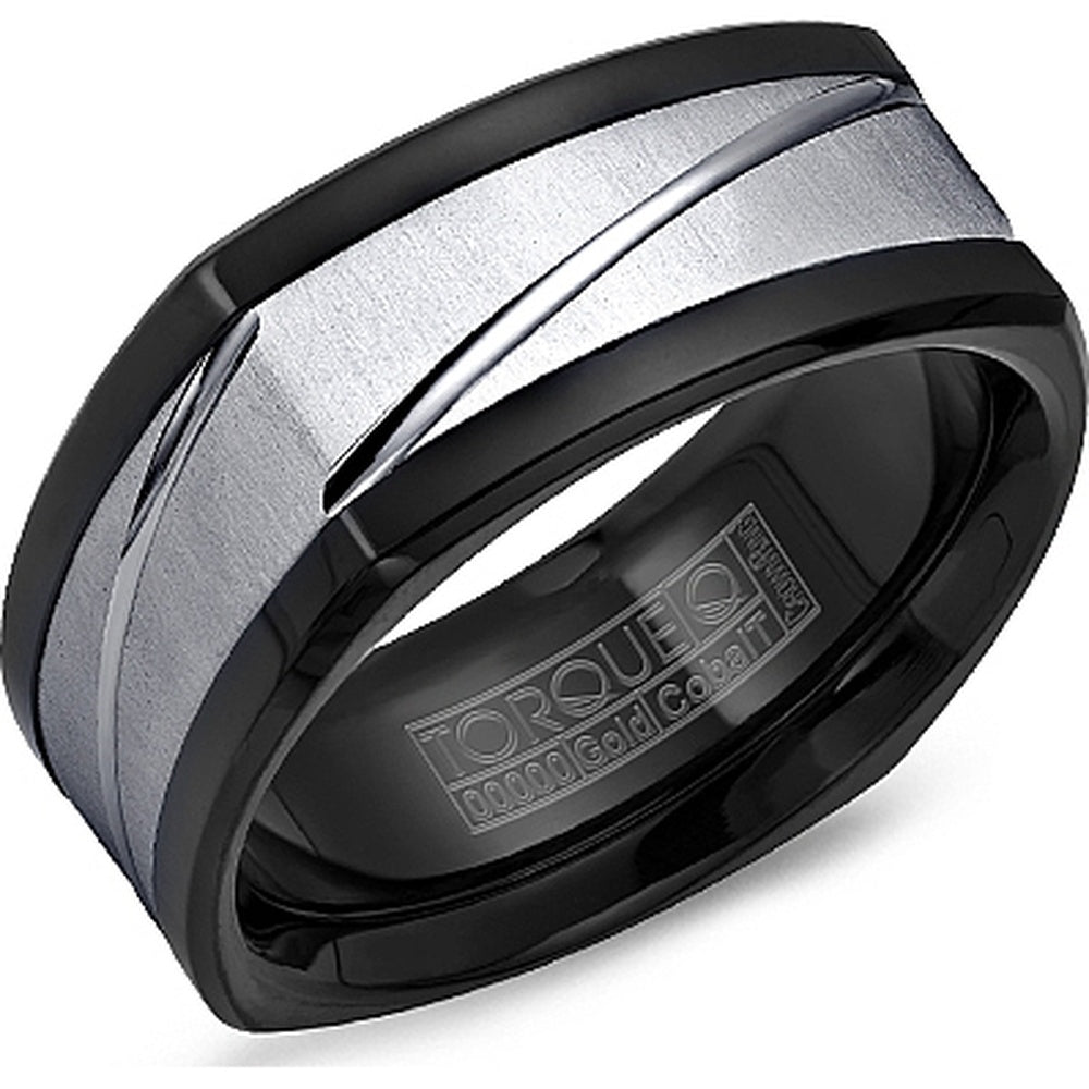 Torque Men's Wedding Band - 14K White Gold and Black Cobalt with Sandpaper Center and High-Polish Groove - 9mm Width from the Black Cobalt & Gold Collection