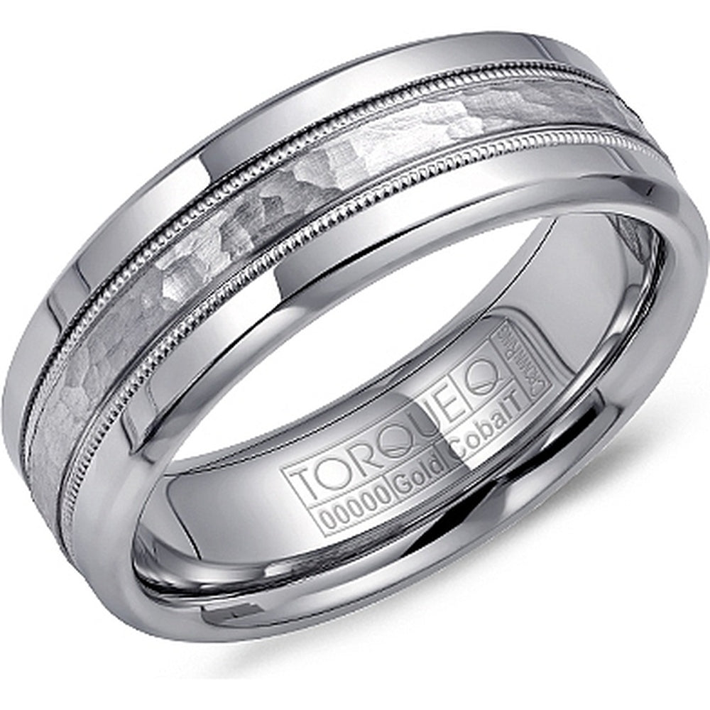 Torque Men's Wedding Band - 14K White Gold and Cobalt with Hammered Frosted Center and Milgrain Detail - 7.5mm Width from the Cobalt Collection