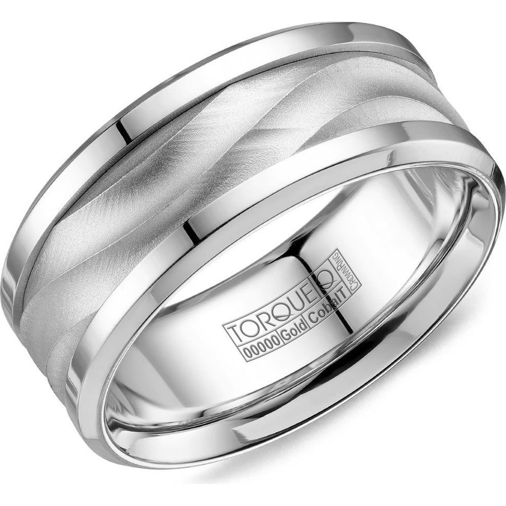 Torque Men's Wedding Band - 14K White Gold and Cobalt with Sandblasted Wave Center and High Polish Beveled Edges - 9mm Width from the Cobalt Collection