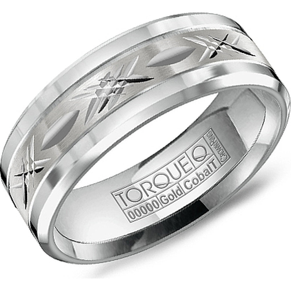 Torque Men's Wedding Band - 14K White Gold and Cobalt with Sandpaper Center and Engraved Starburst Motif - 7.5mm Width from the Cobalt Collection