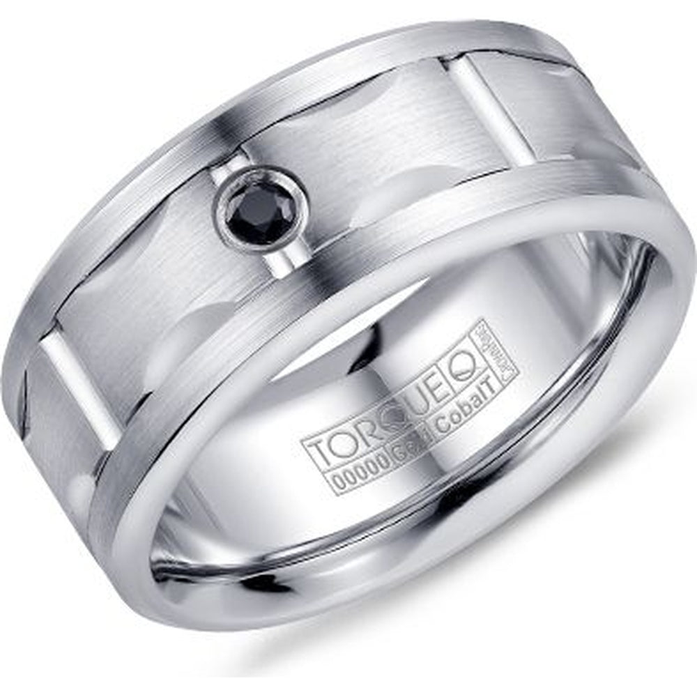 Torque Men's Wedding Band - 14K White Gold and White Cobalt with Bezel-Set Black Diamond - 9mm Width from the Cobalt Collection
