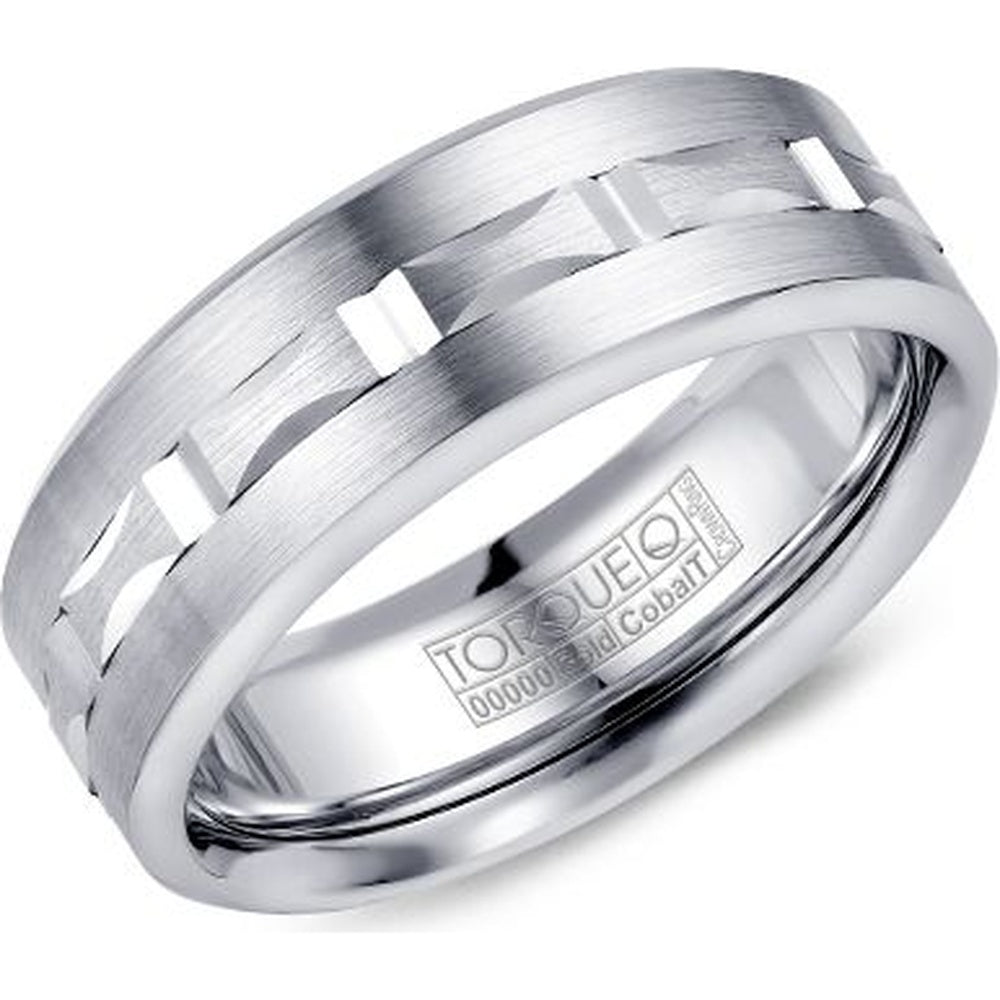 Torque Men's Wedding Band - 14K White Gold and White Cobalt with Brushed Center and High Polish Bevel - 7.5mm Width from the Cobalt Collection