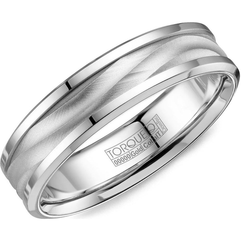 Torque Men's Wedding Band - 14K White Gold and White Cobalt with Brushed Faceted Inlay and Polished Edges - 6mm Width from the Cobalt Collection