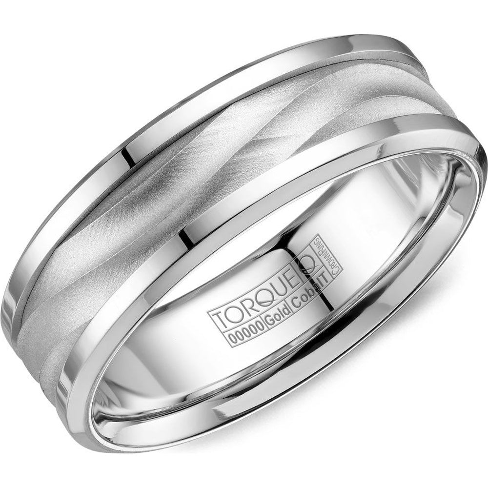Torque Men's Wedding Band - 14K White Gold and White Cobalt with Diagonal Brushed Inlay - 7.5mm Width from the Cobalt Collection