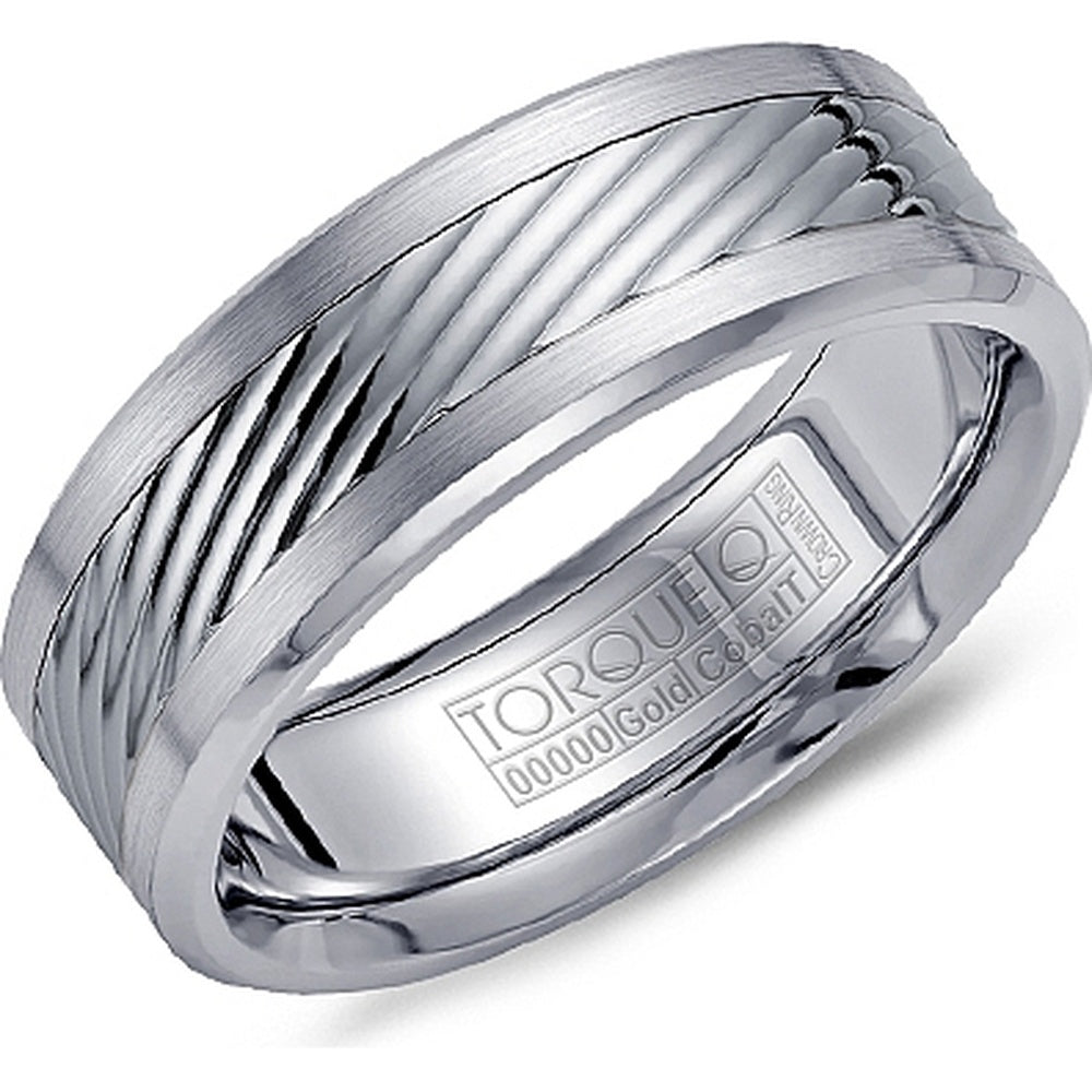 Torque Men's Wedding Band - 14K White Gold and White Cobalt with Diagonal Groove and Brushed Finish - 7.5mm Width from the Cobalt Collection