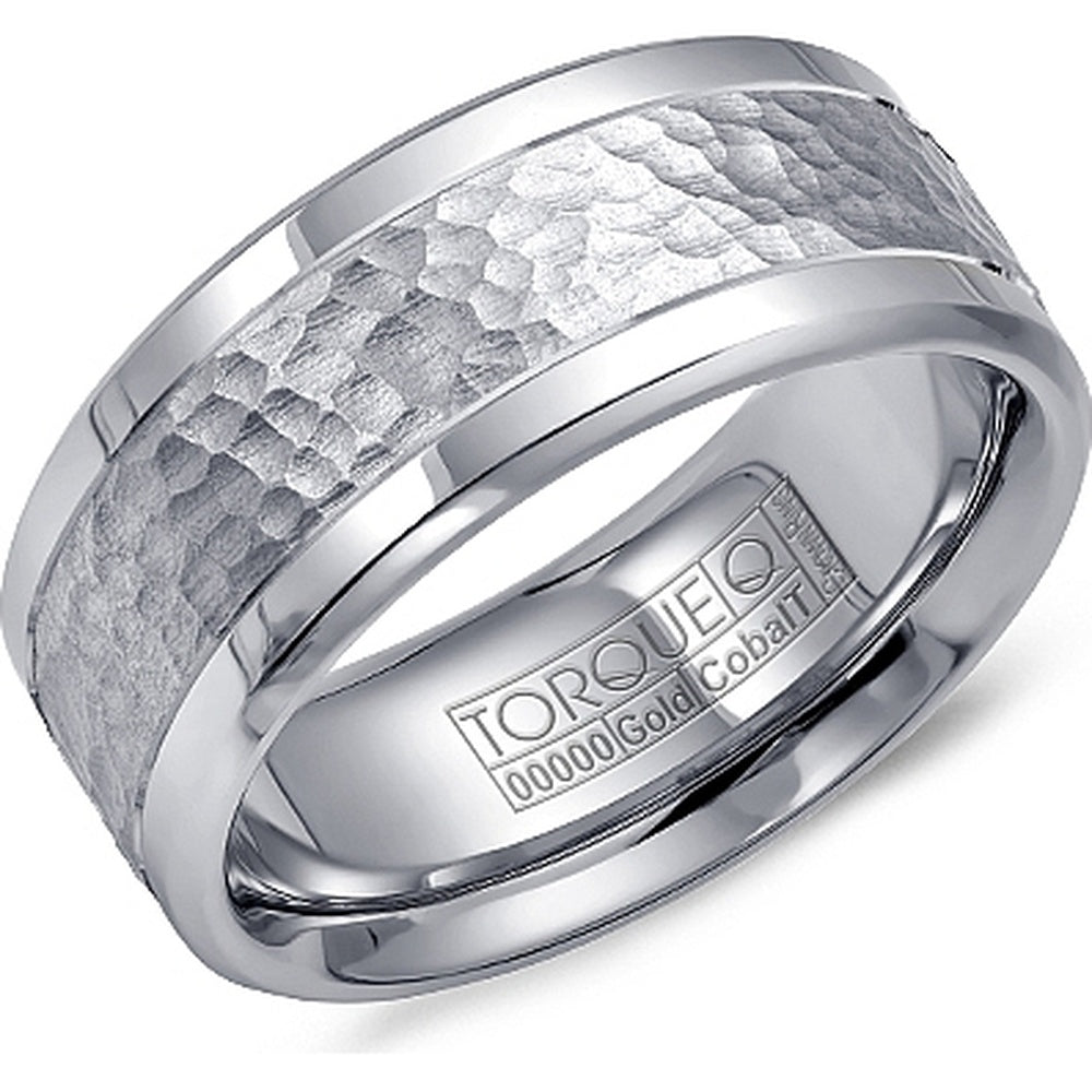 Torque Men's Wedding Band - 14K White Gold and White Cobalt with Frosted Hammered Center and Polished Beveled Edges - 9mm Width from the Cobalt Collection