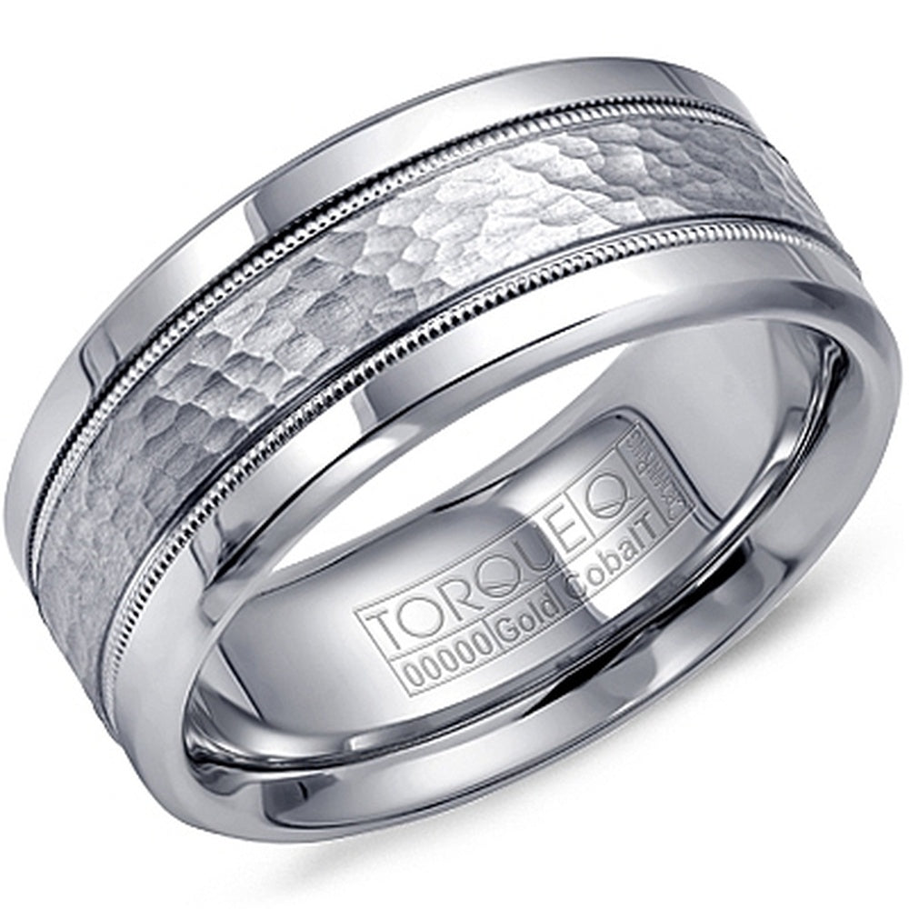 Torque Men's Wedding Band - 14K White Gold and White Cobalt with Hammered Frosted Center and Milgrain Edges - 9mm Width from the Cobalt Collection