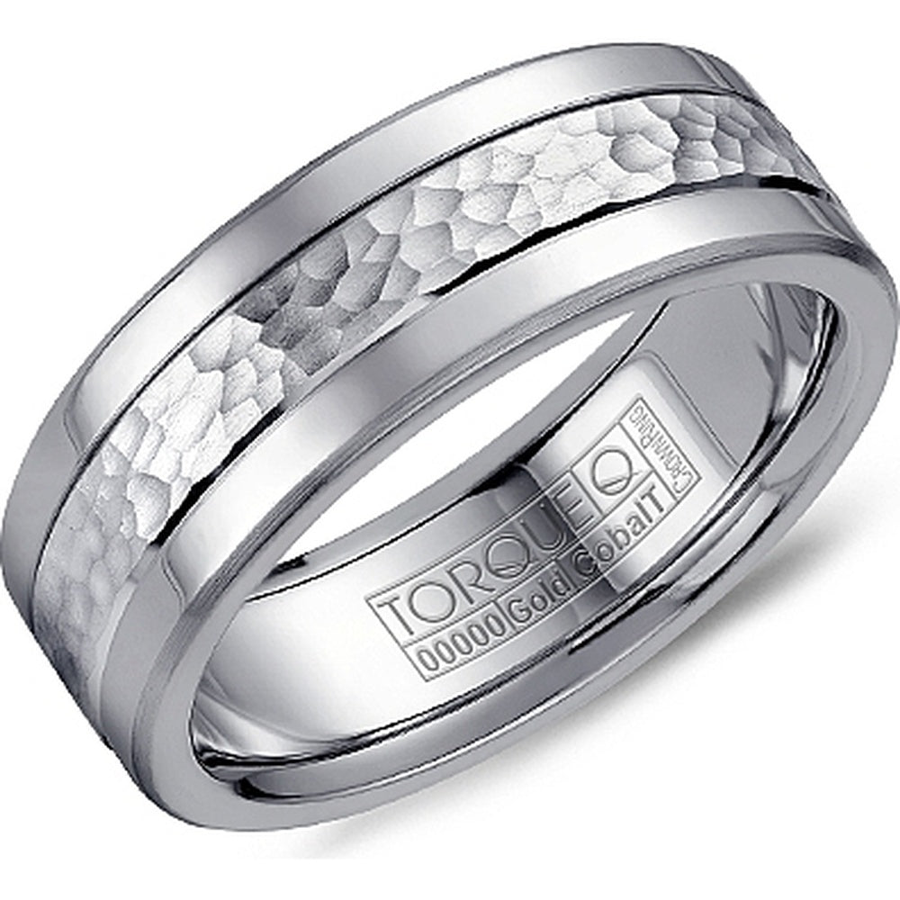 Torque Men's Wedding Band - 14K White Gold and White Cobalt with Hammered Frosted Center and Polished Bevels - 7.5mm Width from the Cobalt Collection