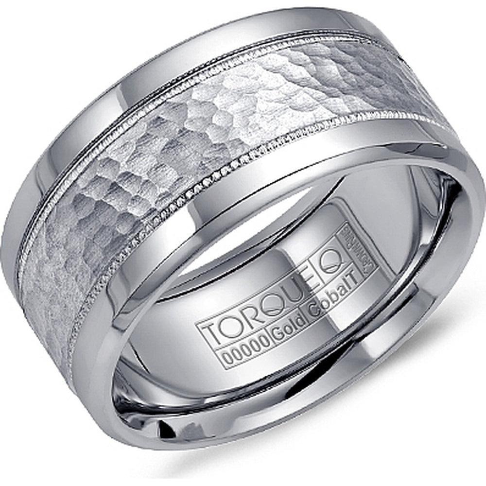 Torque Men's Wedding Band - 14K White Gold and White Cobalt with Hammered Sandpaper Finish and Beveled Edges - 10.5mm Width from the Cobalt Collection