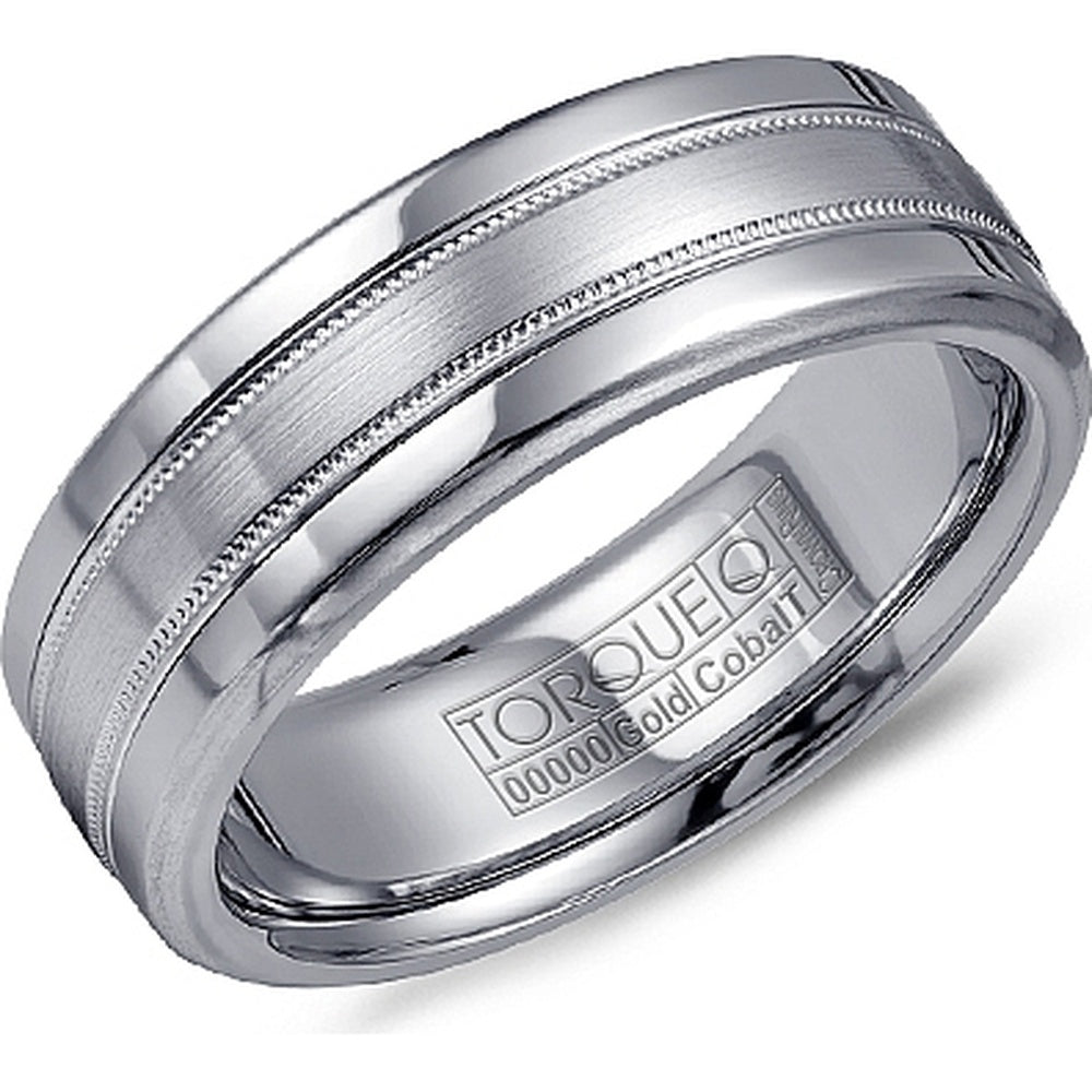 Torque Men's Wedding Band - 14K White Gold and White Cobalt with Sandpaper Center and High Polish Edges - 7.5mm Width from the Cobalt Collection