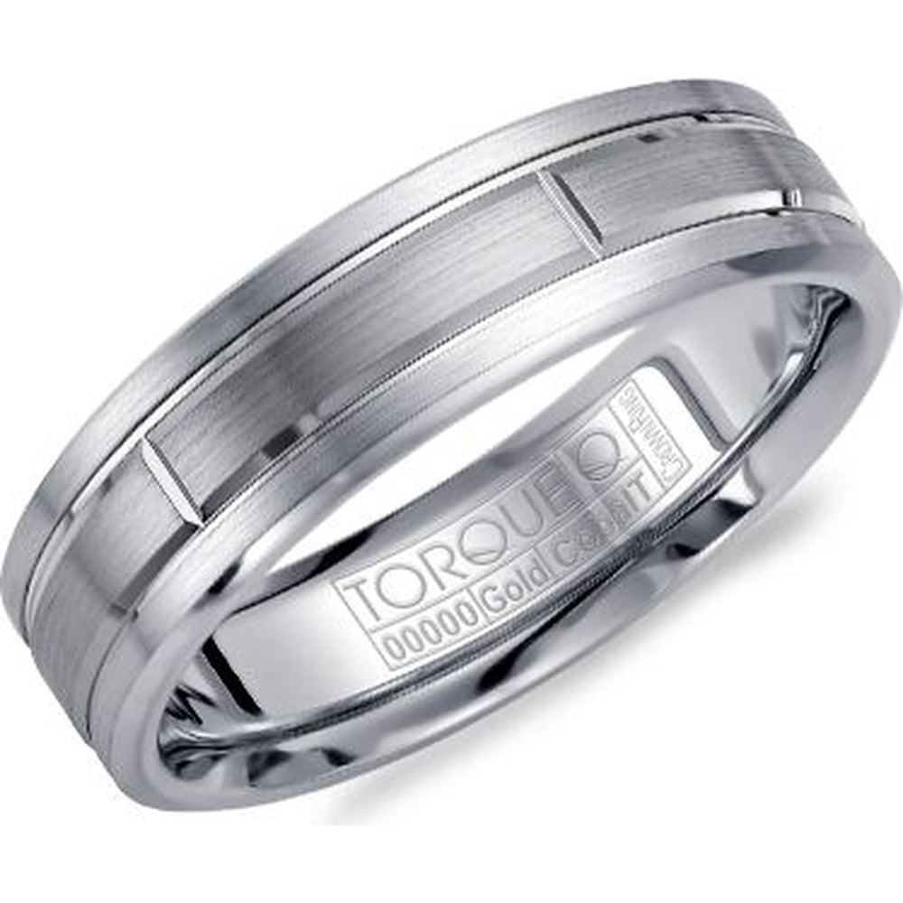 Torque Men's Wedding Band - 14K White Gold and White Cobalt with Sandpaper Finish and High Polish Bevels - 6mm Width from the Cobalt Collection
