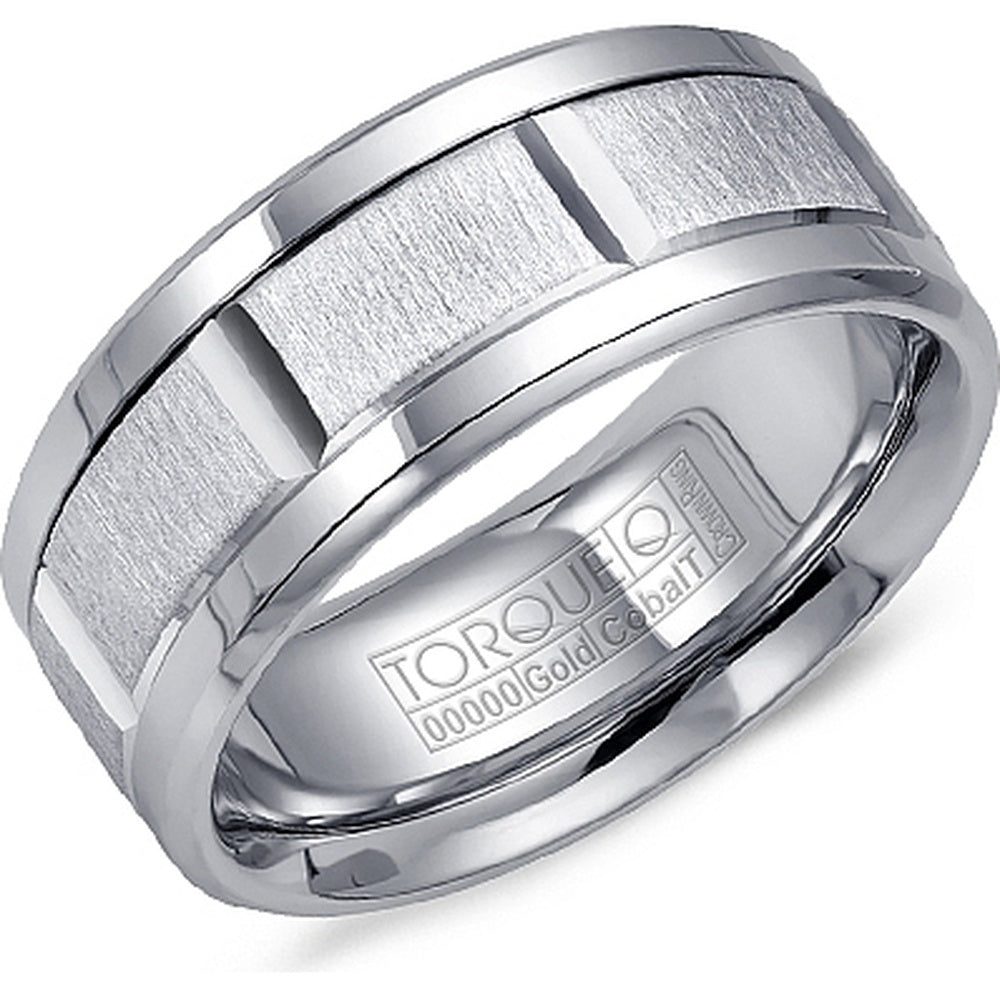 Torque Men's Wedding Band - 14K White Gold and White Cobalt with Vertical Sandpaper Textured Center and High-Polish Beveled Edges - 9mm Width from the Cobalt Collection