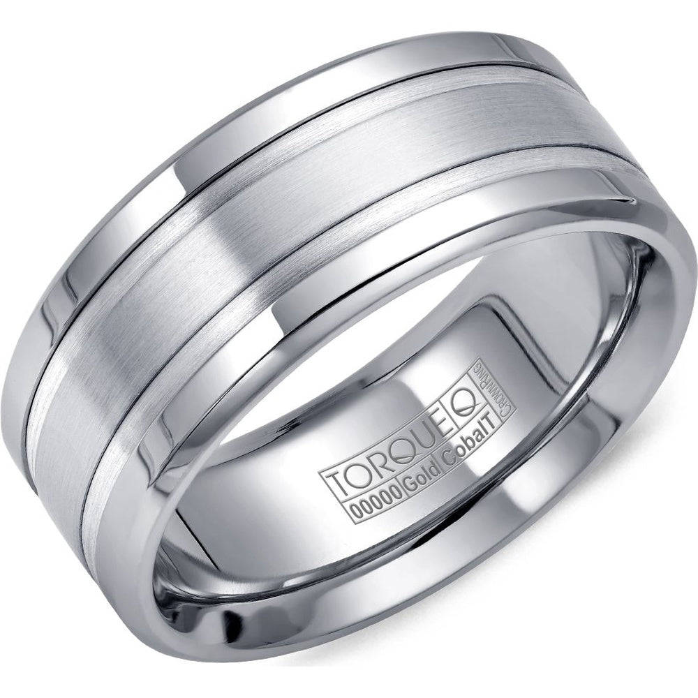 Torque Men's Wedding Band - 14K White Gold Brushed Inlay and Polished White Cobalt Edges - 9mm Width from the Cobalt Collection