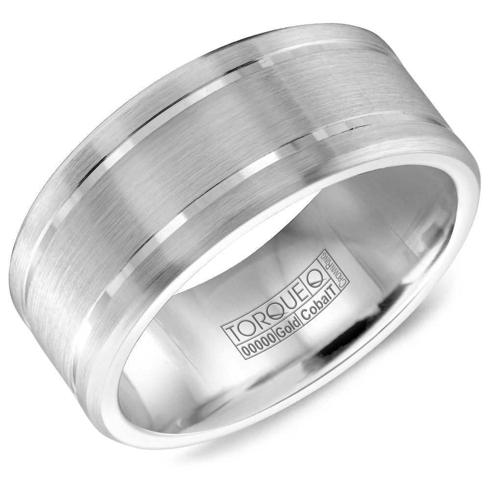 Torque Men's Wedding Band - 14K White Gold Inlay and White Cobalt Edges - 9mm Width from the Cobalt Collection