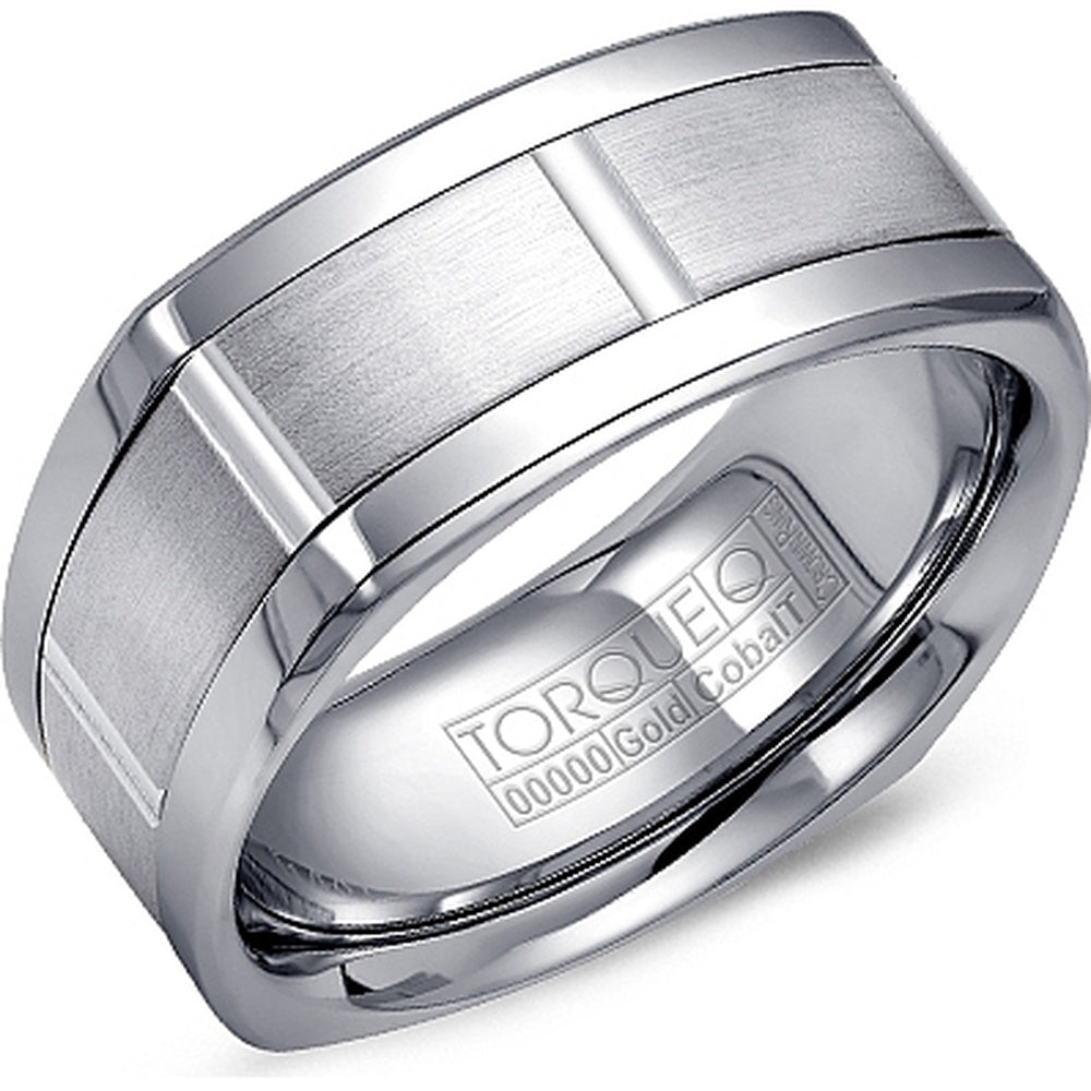Torque Men's Wedding Band - 14K White Gold Inlay and White Cobalt Edges - 9mm Width from the Cobalt Collection
