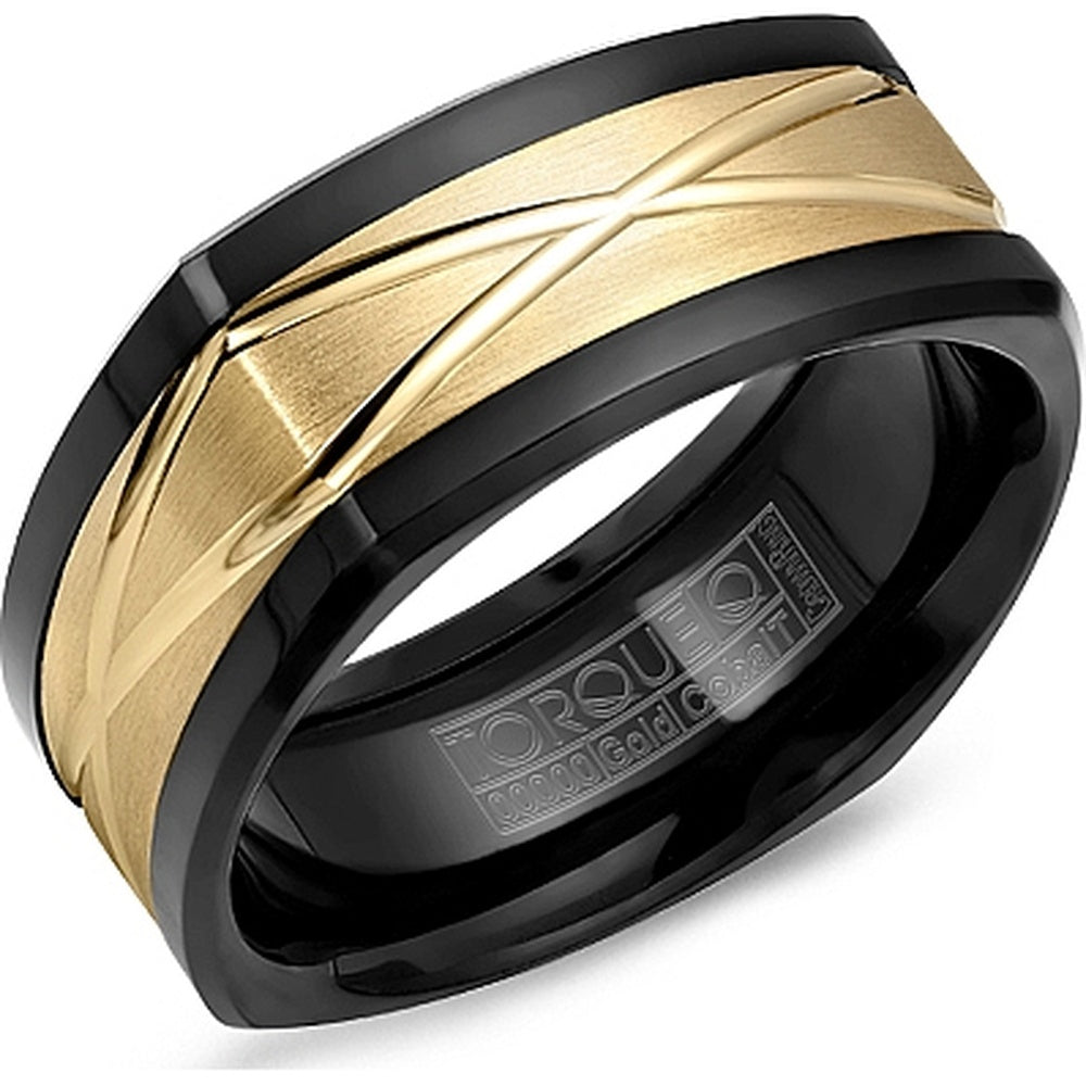 Torque Men's Wedding Band - 14K Yellow Gold and Black Cobalt with Brushed Sandpaper Center and High Polish Cuts - 9mm Width from the Black Cobalt & Gold Collection