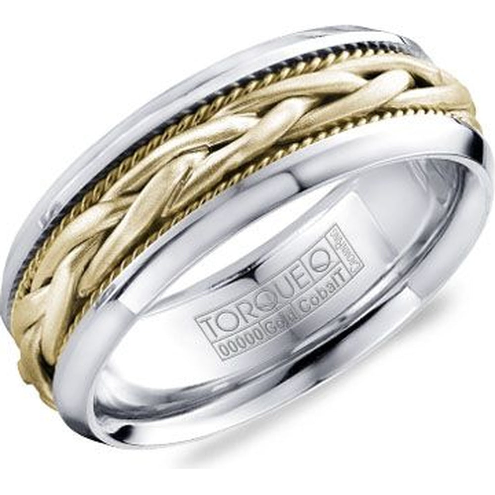 Torque Men's Wedding Band - 14K Yellow Gold and White Cobalt Braided with Milgrain and Sandblast Finish - 7.5mm Width from the Cobalt Collection