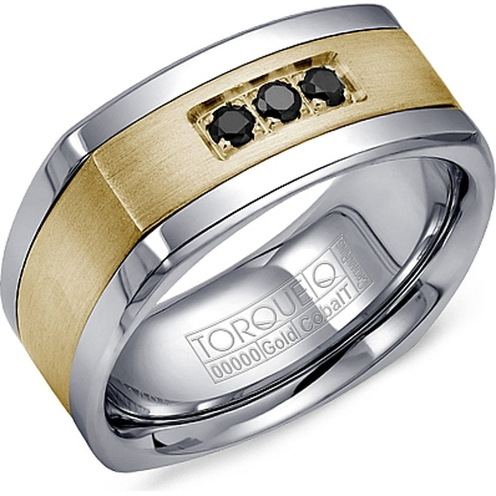 Torque Men's Wedding Band - 14K Yellow Gold and White Cobalt with 3 Round Black Diamonds and Sandpaper Finish- 0.16 Carat Total Diamond Weight - 9mm Width from the Cobalt Collection