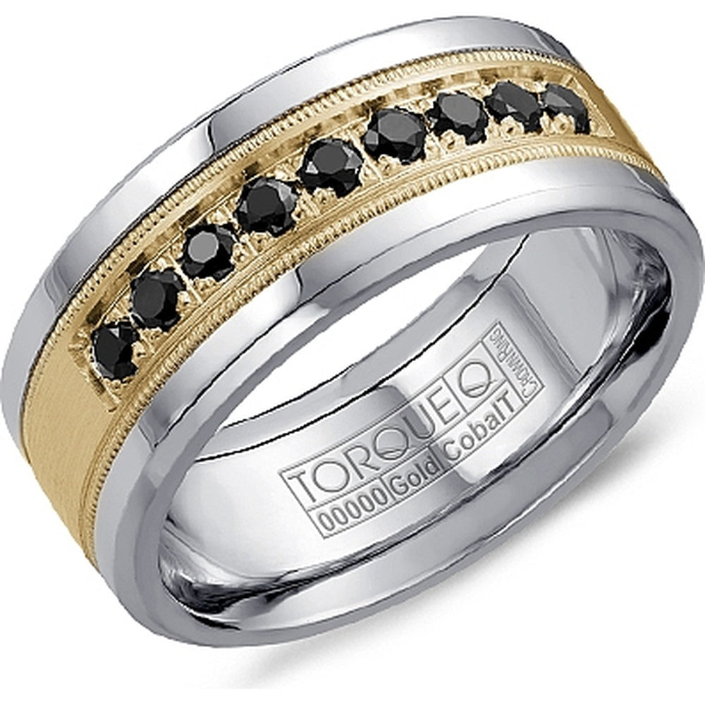 Torque Men's Wedding Band - 14K Yellow Gold and White Cobalt with 9 Round Black Sapphires and Milgrain Detail- 0.56 Carat Total Sapphire Weight - 9mm Width from the Cobalt Collection