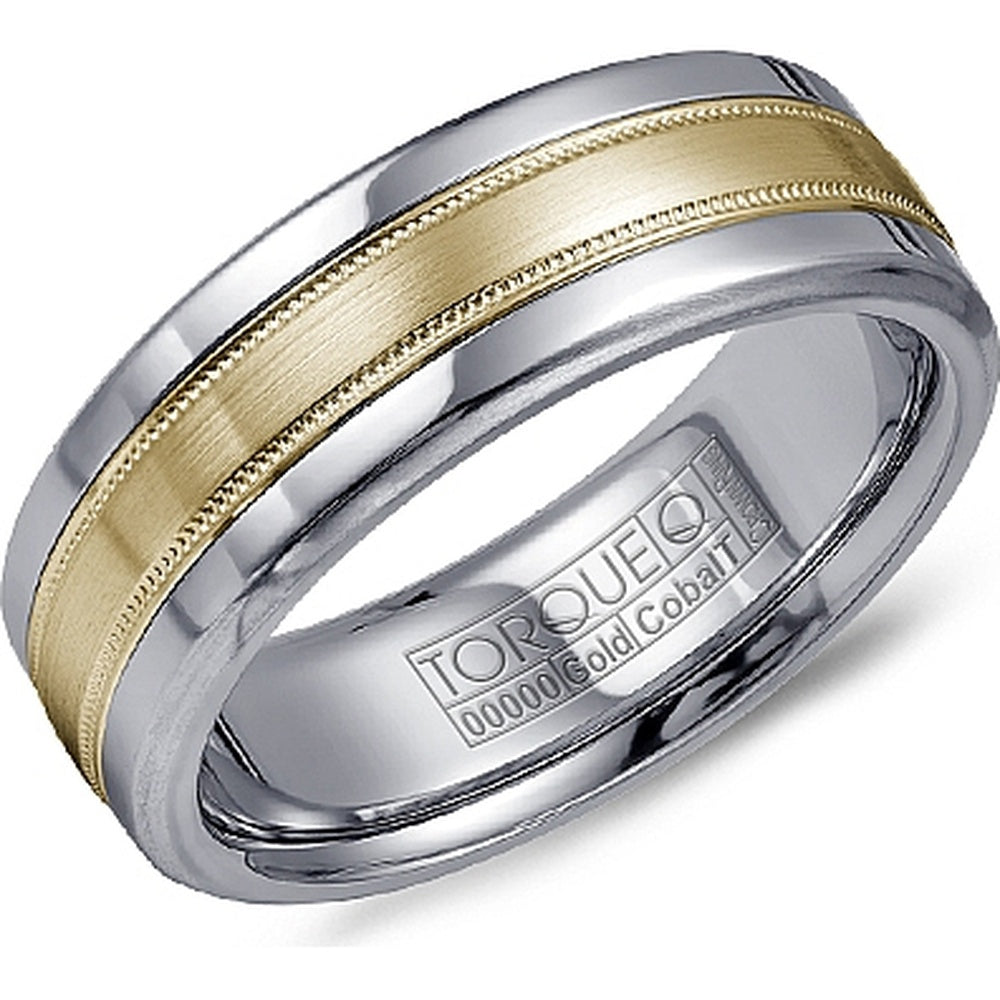 Torque Men's Wedding Band - 14K Yellow Gold and White Cobalt with Brushed Center and Milgrain Edges - 7.5mm Width from the Cobalt Collection