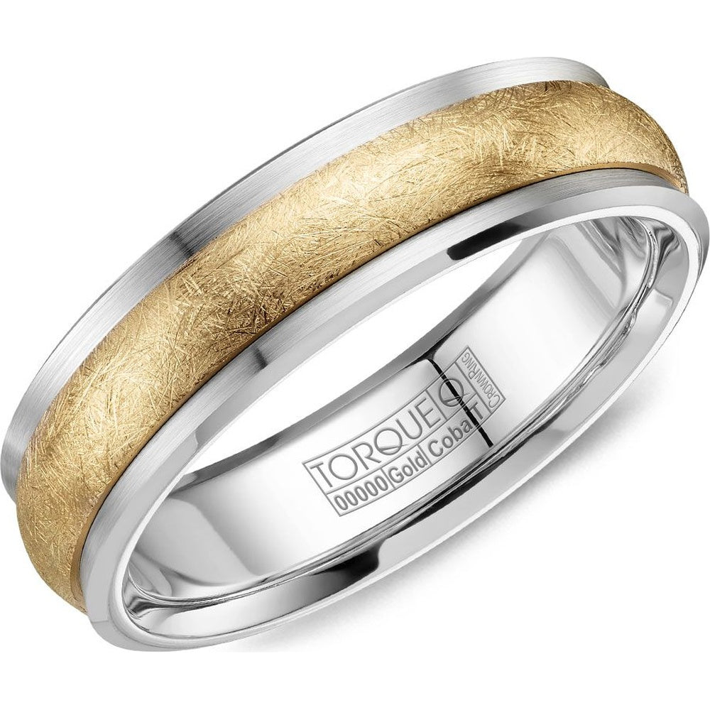 Torque Men's Wedding Band - 14K Yellow Gold and White Cobalt with Diamond-Brushed Center and High-Polish Bevel - 6mm Width from the Cobalt Collection