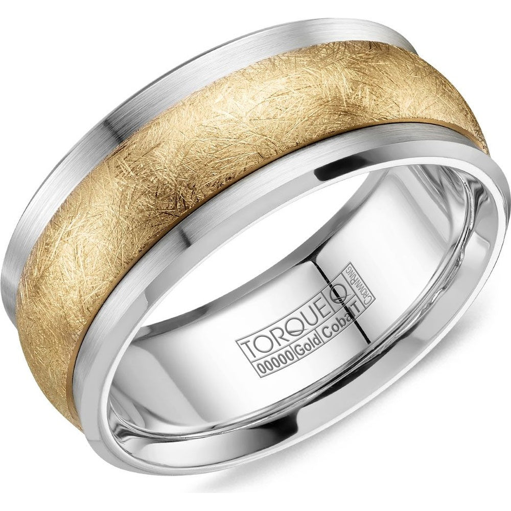 Torque Men's Wedding Band - 14K Yellow Gold and White Cobalt with Diamond Brushed Center and High Polish Bevel - 9mm Width from the Cobalt Collection