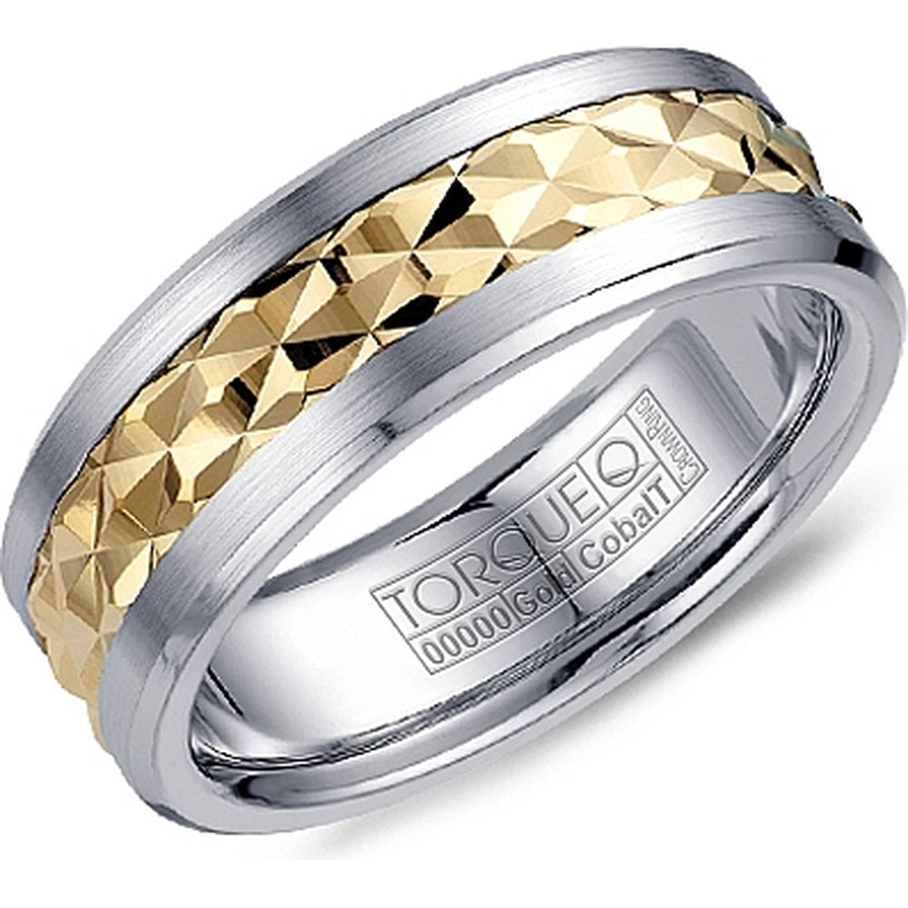 Torque Men's Wedding Band - 14K Yellow Gold and White Cobalt with Faceted Center and Brushed Edges - 7.5mm Width from the Cobalt Collection